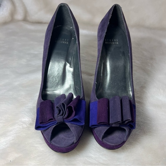 Stuart Weitzman purple peep toe bow heels platform retro sz 9 suede pumps shoes - Picture 7 of 8
